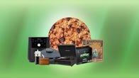 A collection of gift ideas, including an air fryer, turntable, home brewing kit, flannel cookie blanket and more against a green background.