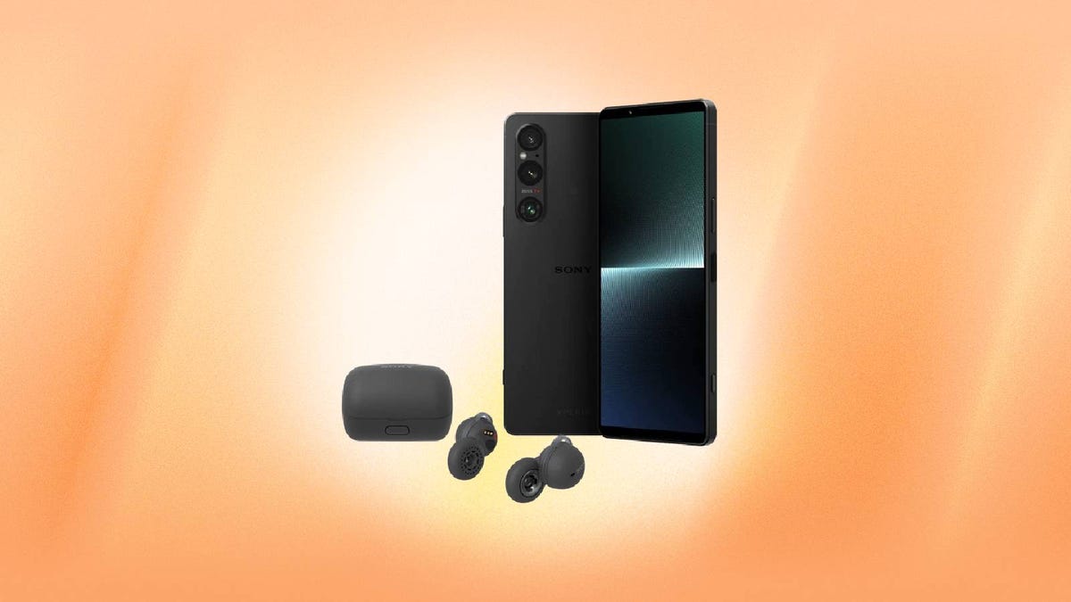 A Sony Xperia 1 V phone and pair of LinkBuds earbuds against an orange background.