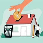 An illustration of a person with oversized pencil and calculator standing next to a home that a large hand is placing a giant cold coin into like a piggy bank