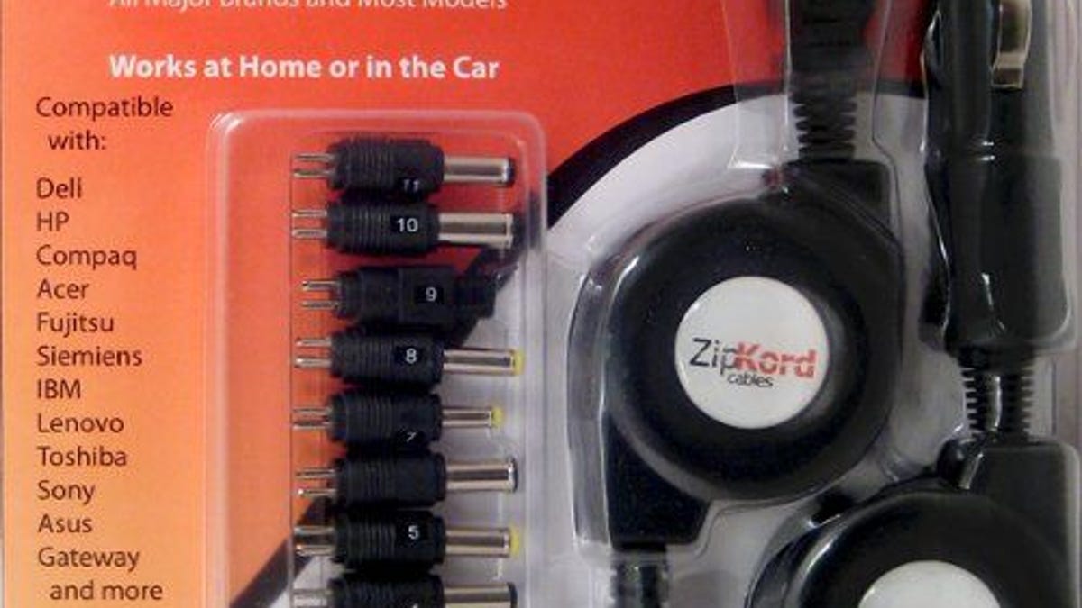 The ZipKord universal laptop charger includes both AC and DC adapters and 11 power tips.