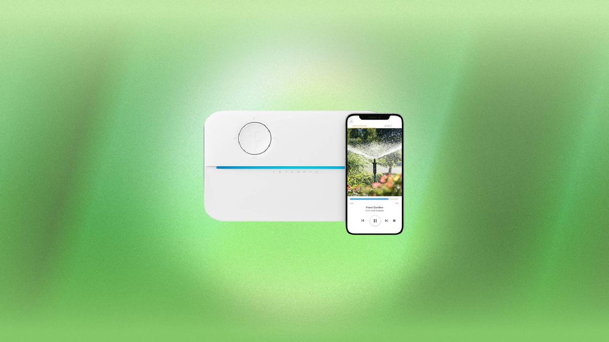 A Rachio 3 smart sprinkler control and phone against a green background.