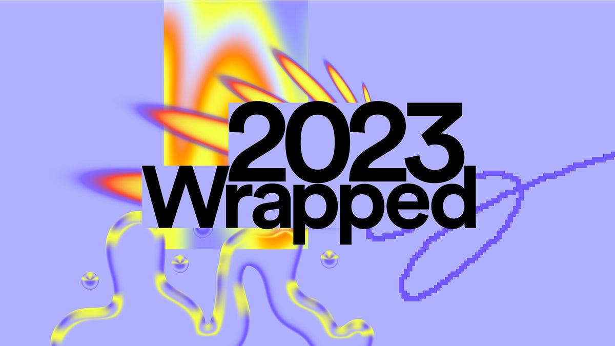text of 2023 Wrapped on a lavender background with flares and squiggles of color