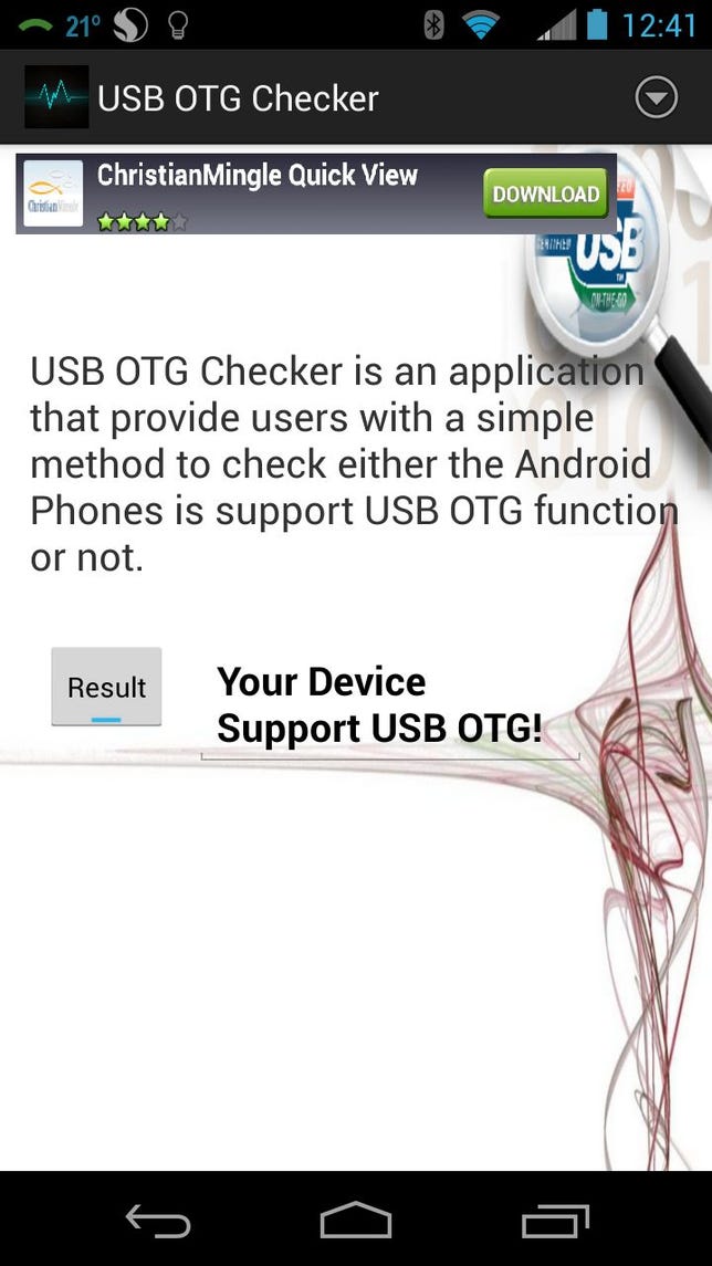 USB OTG Checker correctly identified the Moto X as supporting USB OTG.