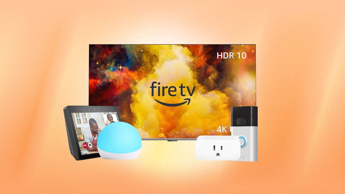 An Amazon TV and other smart devices against an orange background.