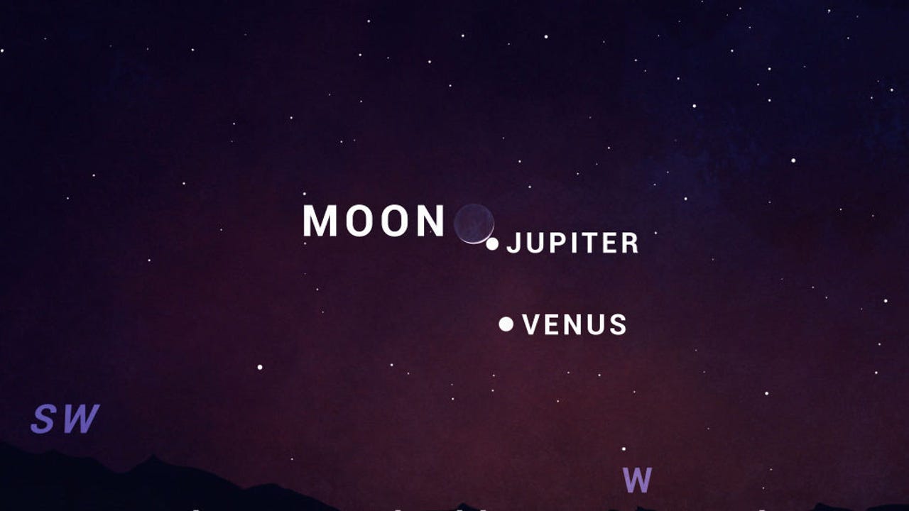 Illustrated sky chart showing the western sky in shades of blush and purple peppered with stars on Feb. 22, 2023. The moon is shown with Jupiter just below it and Venus as a bright dot below that.