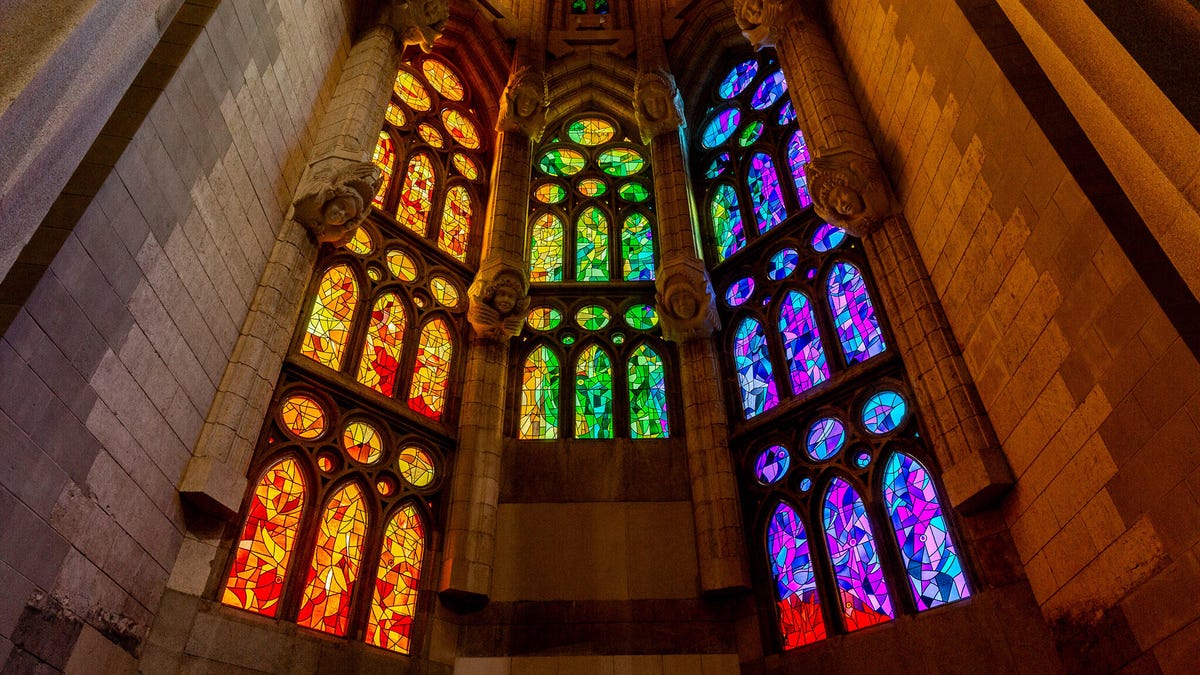 A photo of bright stained glass in a dark church that's a great candidate for HDR photography.