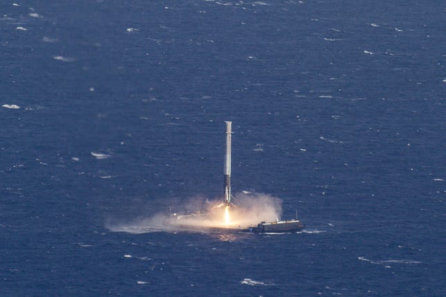 SpaceX's Falcon 9 rocket makes its first successful landing at sea, April 8, 2016.