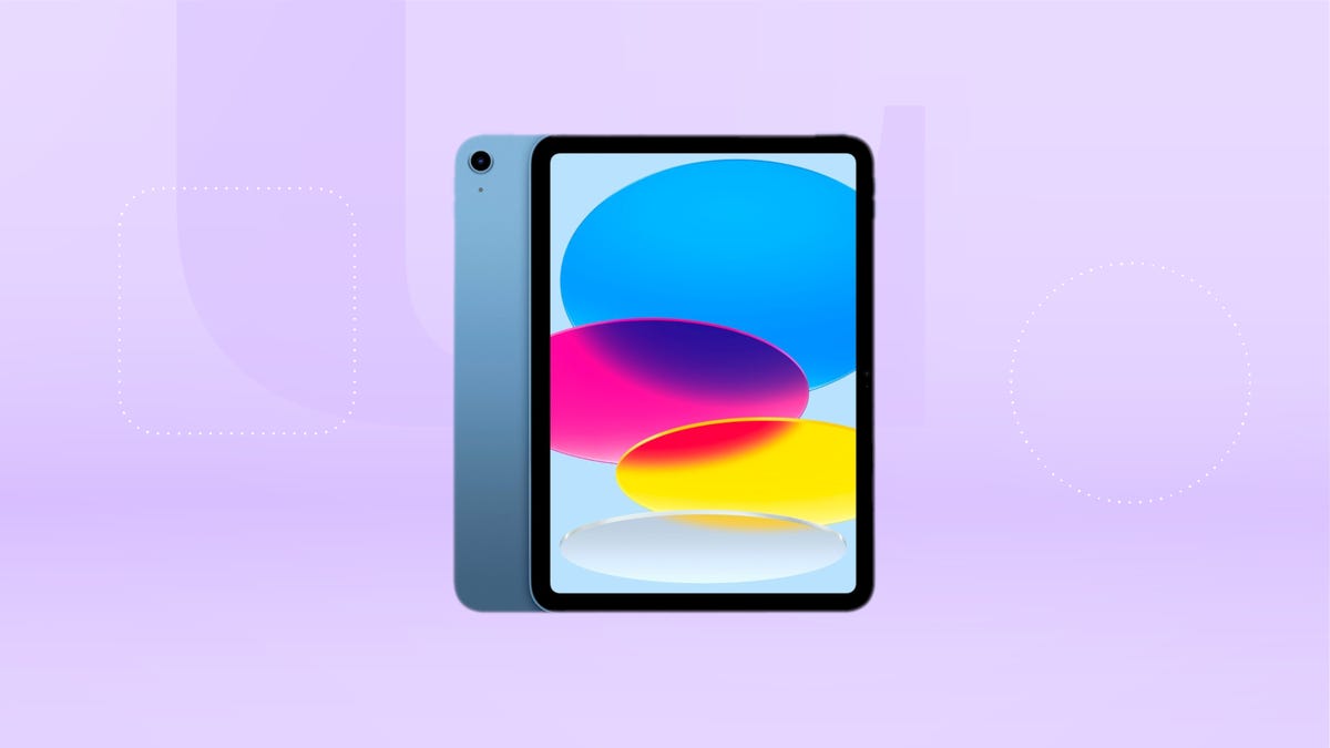 The 10th-gen Apple iPad is displayed against a blue background.