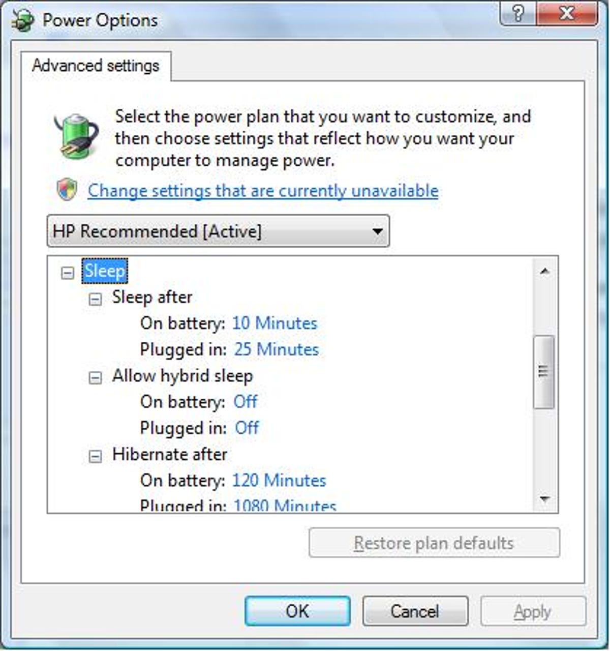 Windows Vista's Advanced Power Settings dialog box