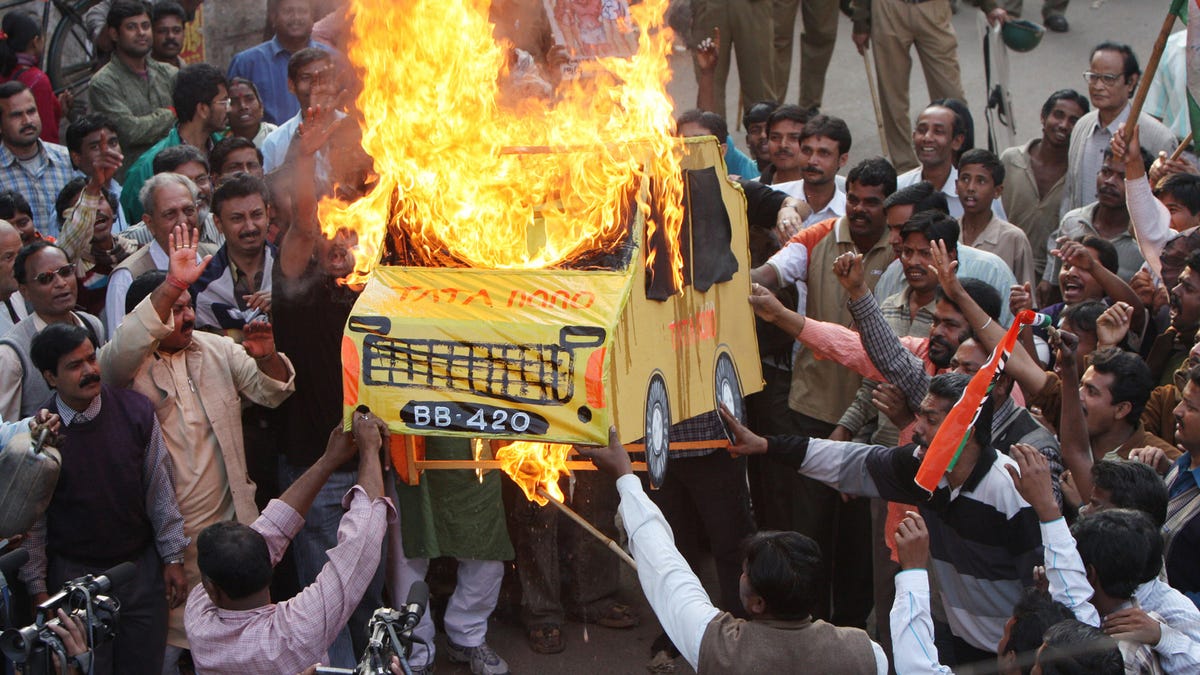 Tata Nano, burning in effigy.
