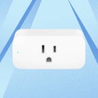 Amazon's smart plug is displayed against a blue background.