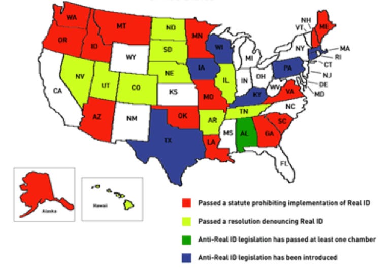 ACLU's chart shows status of the Real ID rebellion among individual states as of 2009, with states shown in white not objecting.