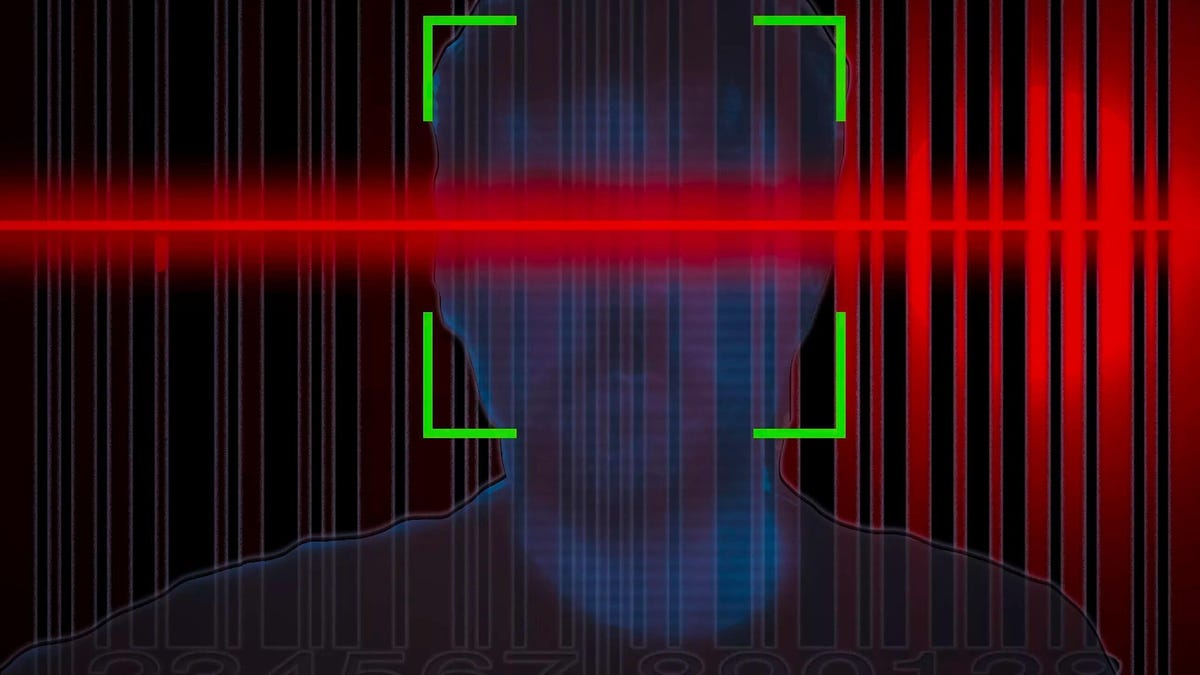 Illustration shows a face being scanned against a red background
