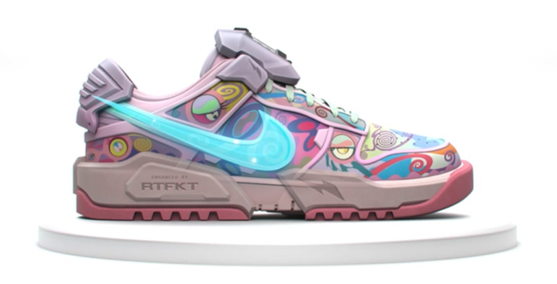 A Cryptokick sneaker with a colorful pattern that sold for $133,000.