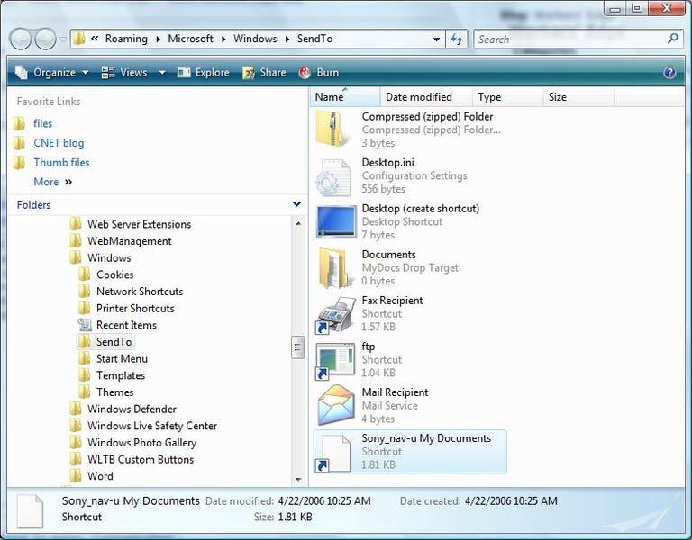 Microsoft Windows Explorer, Send To folder contents
