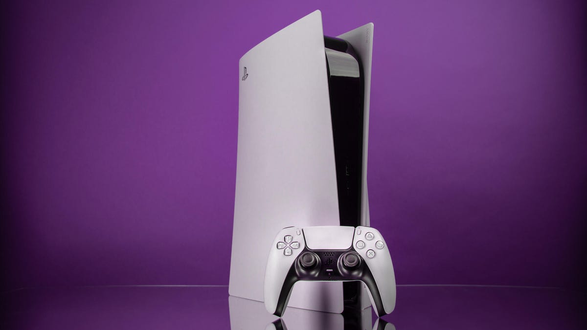 A white PS5 on a purple background