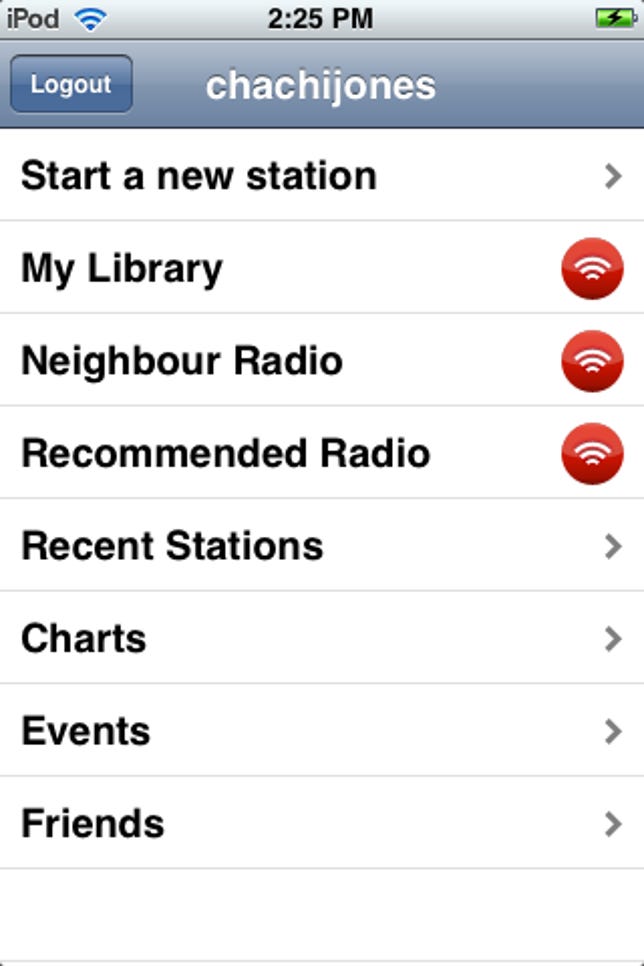 Photo od Last.fm iPhone app main menu.