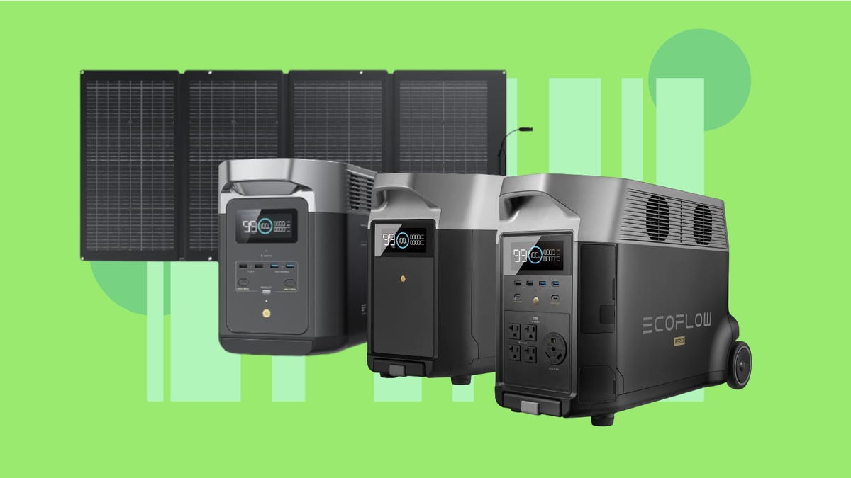 EcoFlow's Delta Pro, Delta 2, 220W solar panel and a battery are displayed against a green background.