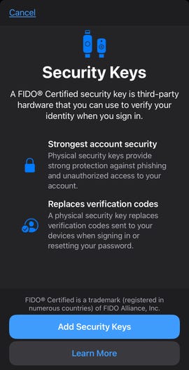 iOS 16.3 beta'daki Güvenlik Anahtarları ekranı