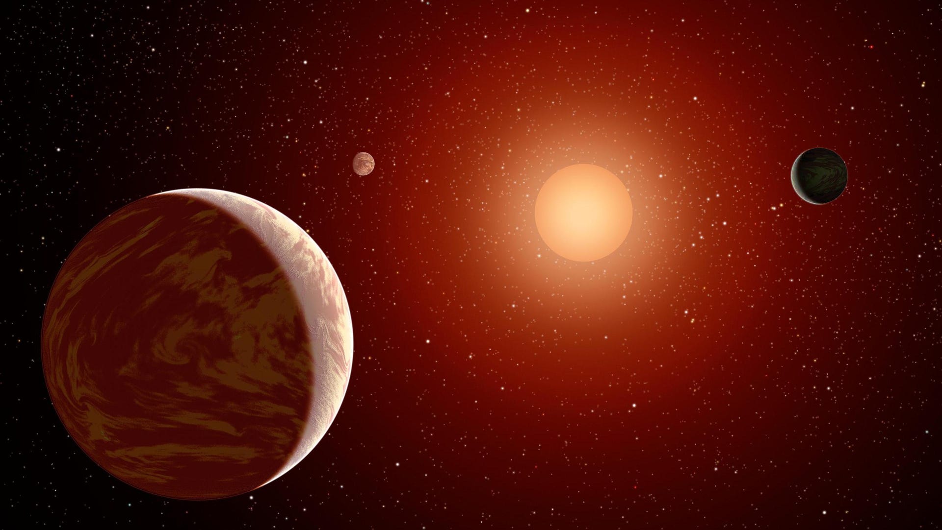 Illustration shows an M dwarf star shining dully orange with a swirly reddish planet in the foreground.