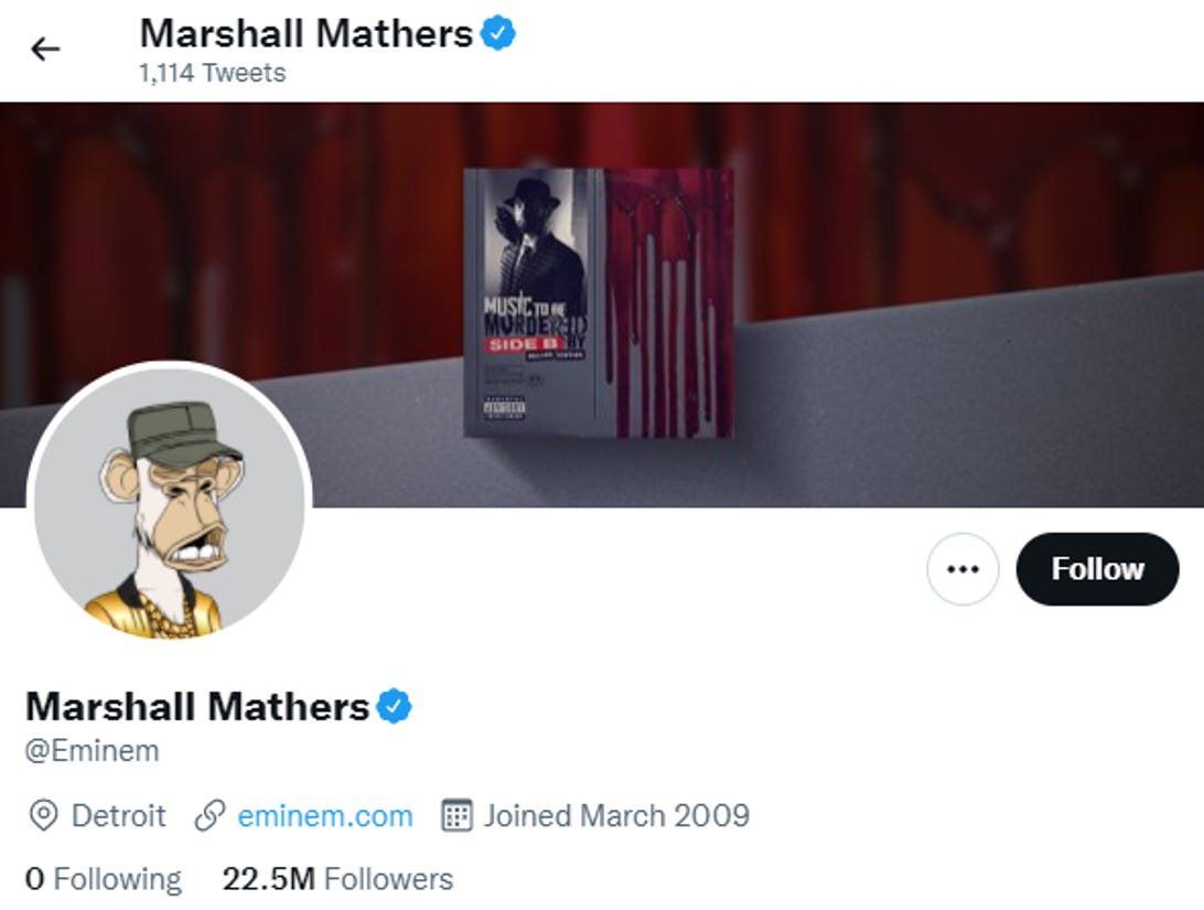 Eminem's Twitter profile, showing a Bored Ape Yacht Club as his profile picture.