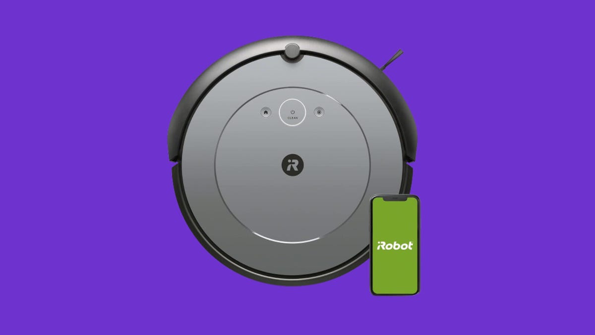 A Roomba robot vacuum and smart phone against a purple background.