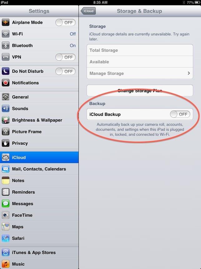 iPad iCloud backup options