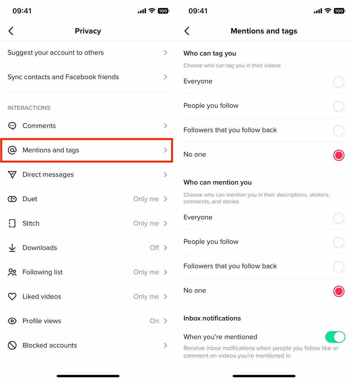 Mentions and tags settings on TikTok
