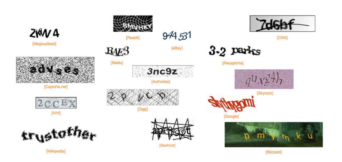 Examples of popular Captchas (Completely Automated Public Turing test to tell Computers and Humans Apart)