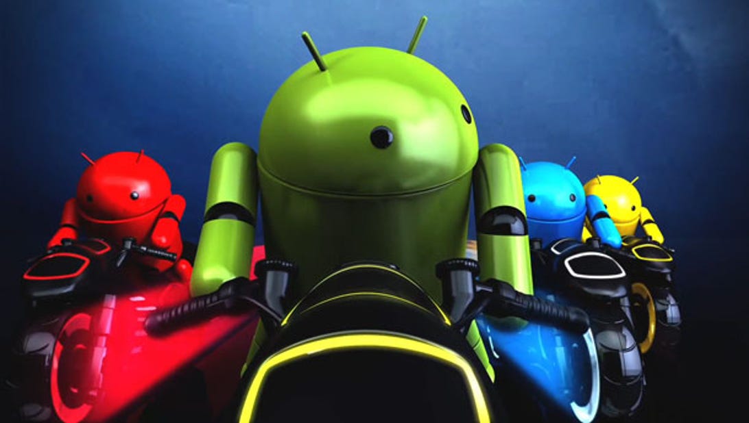 Google promotes Android with robots riding Tron-style lightcycles.