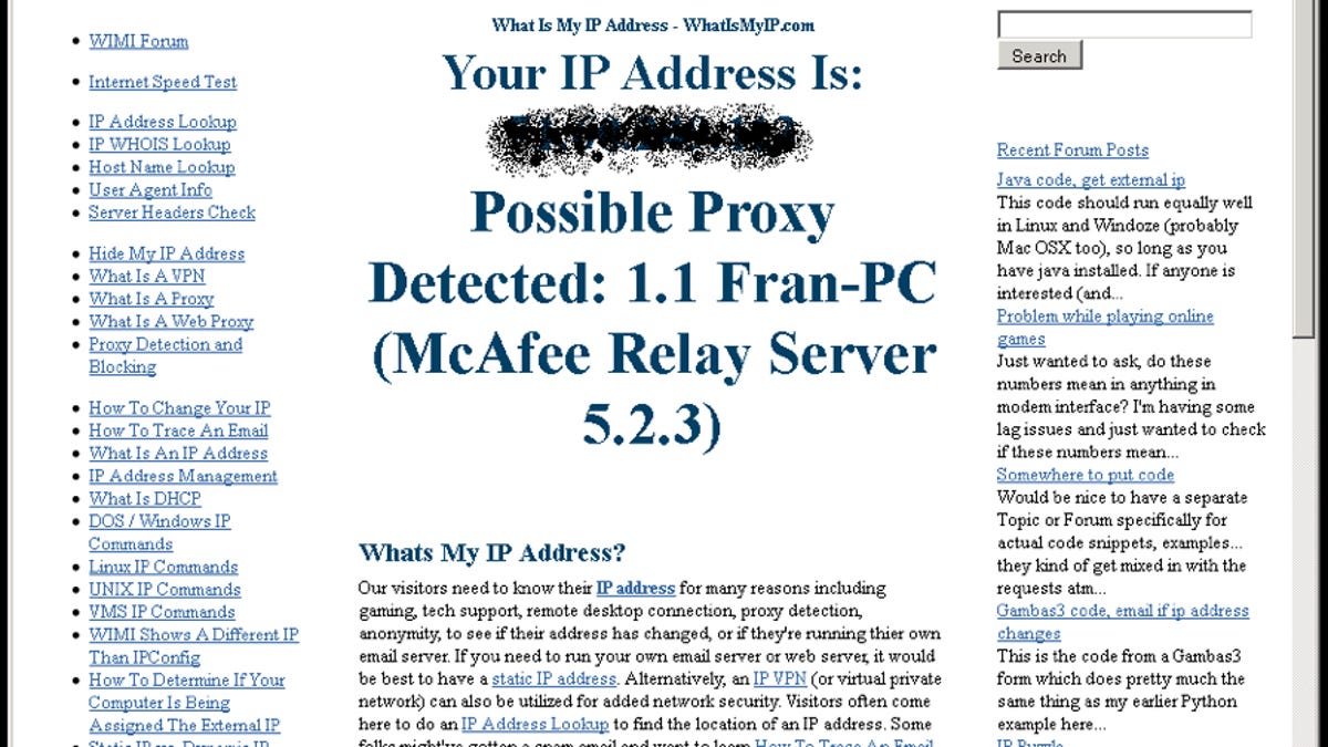 This screenshot shows the redacted IP address running an open proxy attributed to McAfee Relay Server.