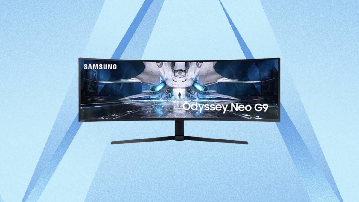 The 49-inch Samsung Odyssey Neo G9 G95NA gaming monitor is displayed against a blue background.
