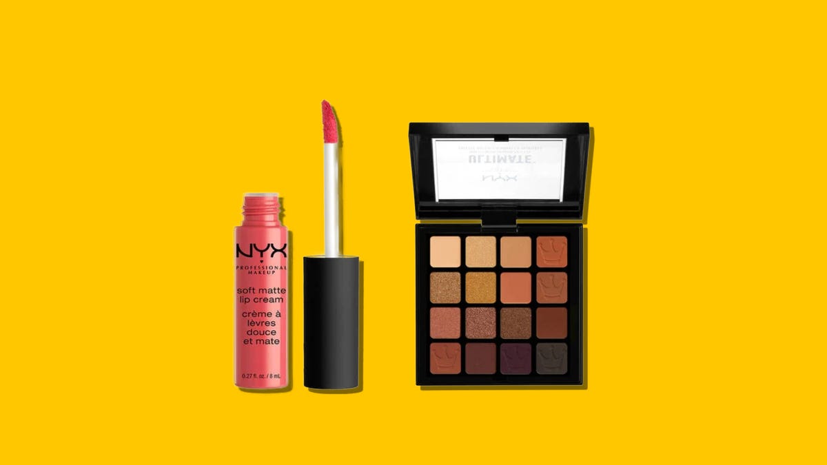 Lip cream and eyeshadow palette on a yellow background