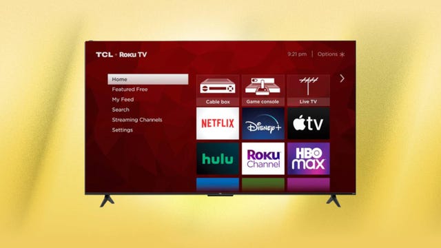 The TCL 55-inch 4-Series is displayed against a yellow background.