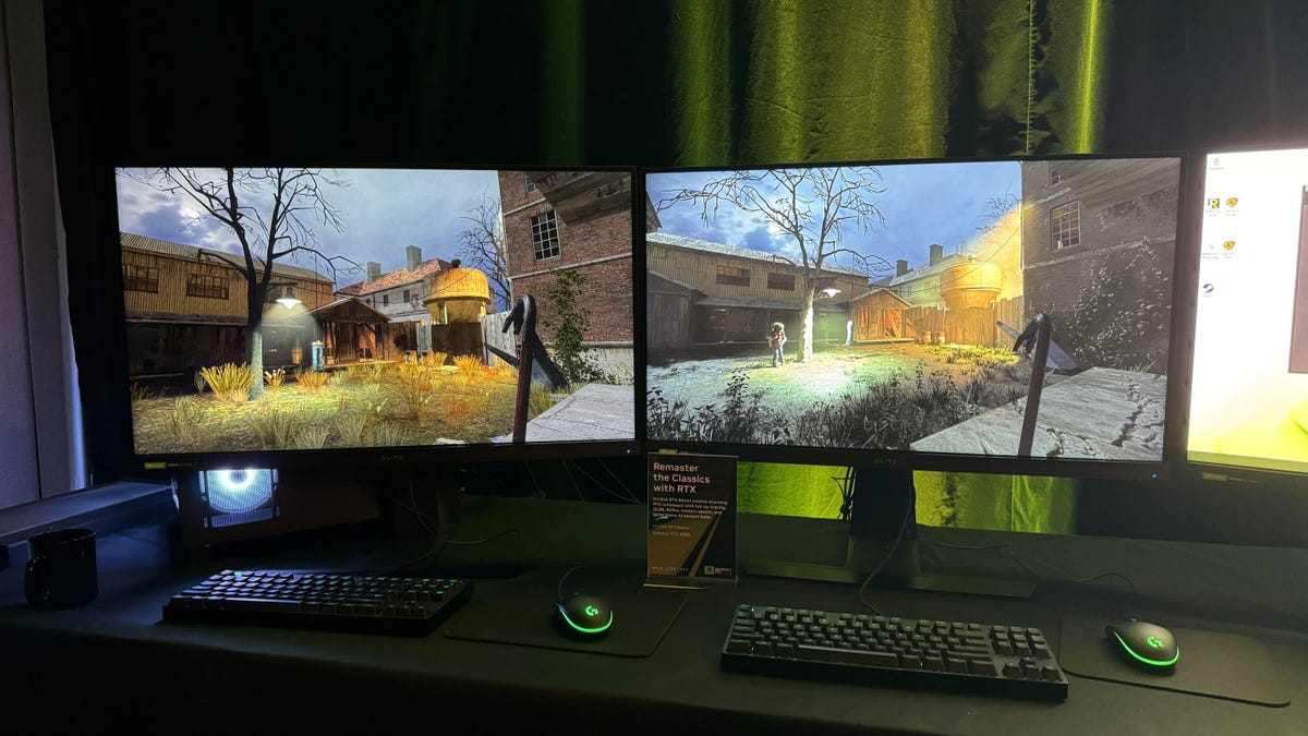 Two computer monitors on a black tablecloth show two different versions of a game: on the left, an older standard version, while the right uses Nvidia's technology to show far more modern lighting and shadow effects without changing the object models in the game.