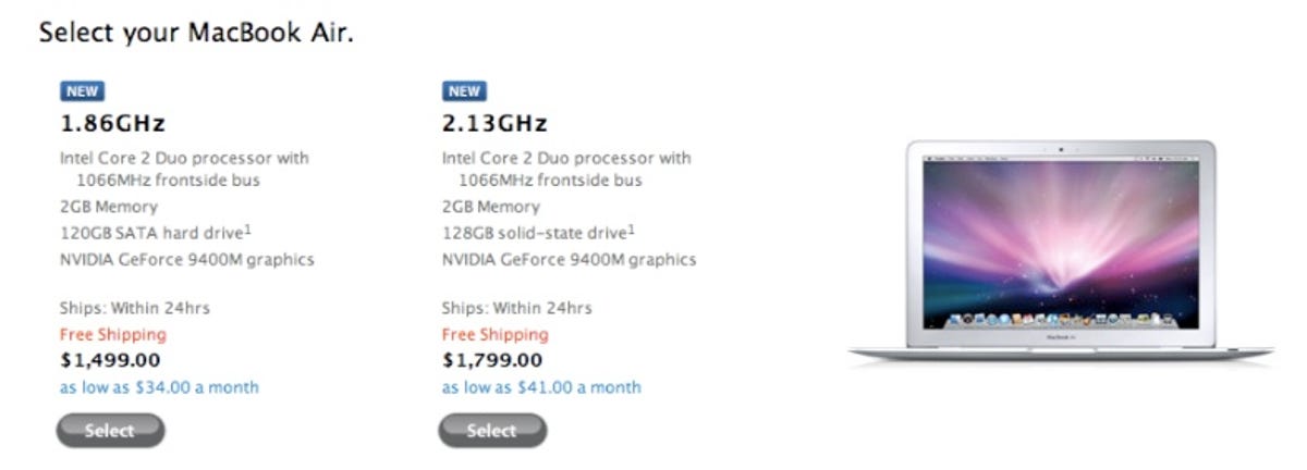 MacBook Air prices as updated Monday on Apple's Web site