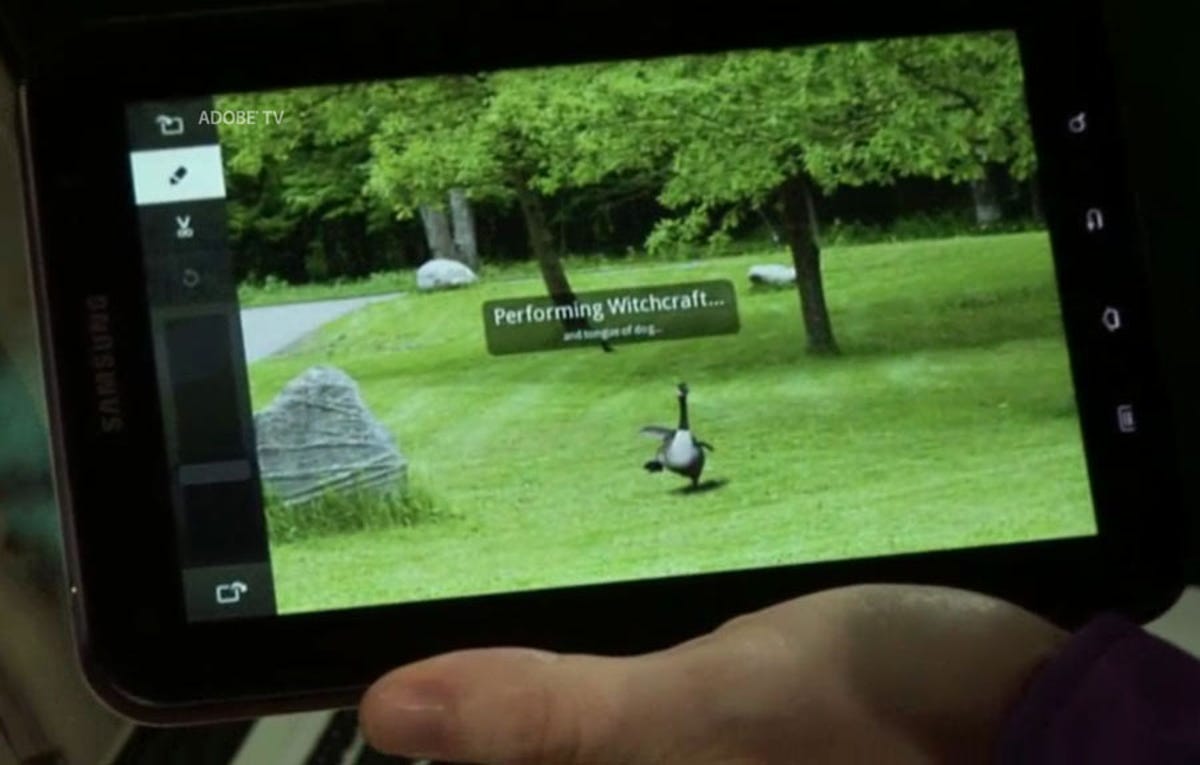 This demonstration showed an advanced Photoshop editing feature, content-aware fill, running on an Android-powered Samsung Galaxy Tab.