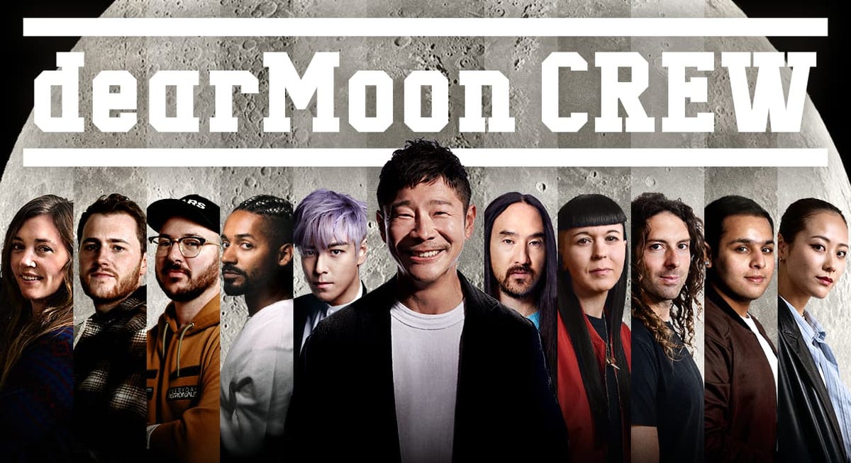 Entrepreneur Yusaku Maezawa appears in the middle of a composite image with eight DearMoon crew members and two backups with the moon behind them.