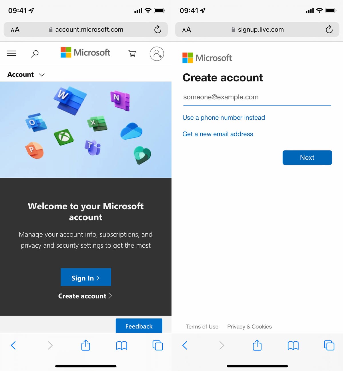 Microsoft's account signup page