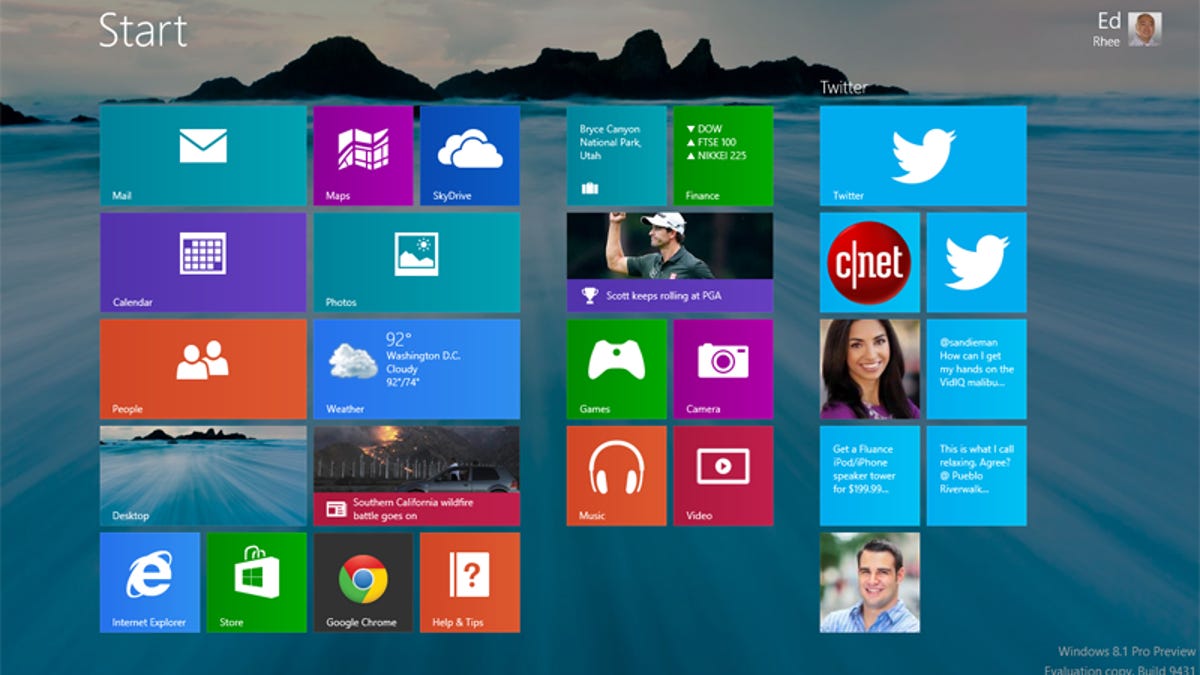 Windows 8 Start screen with pinned Twitter profiles