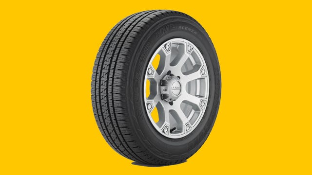 Bridgestone Dueler H/L Alenza Plus tire pictured on a yellow background