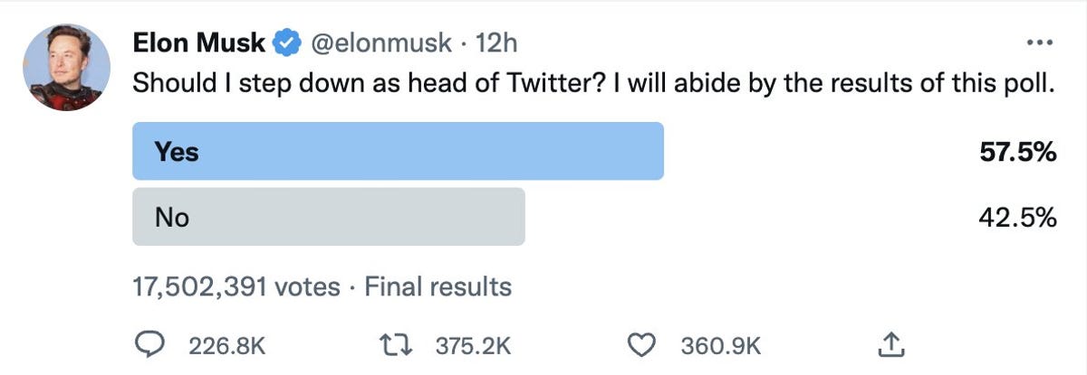 The poll in which Elon Musk asked whether he should step down as Twitter CEO