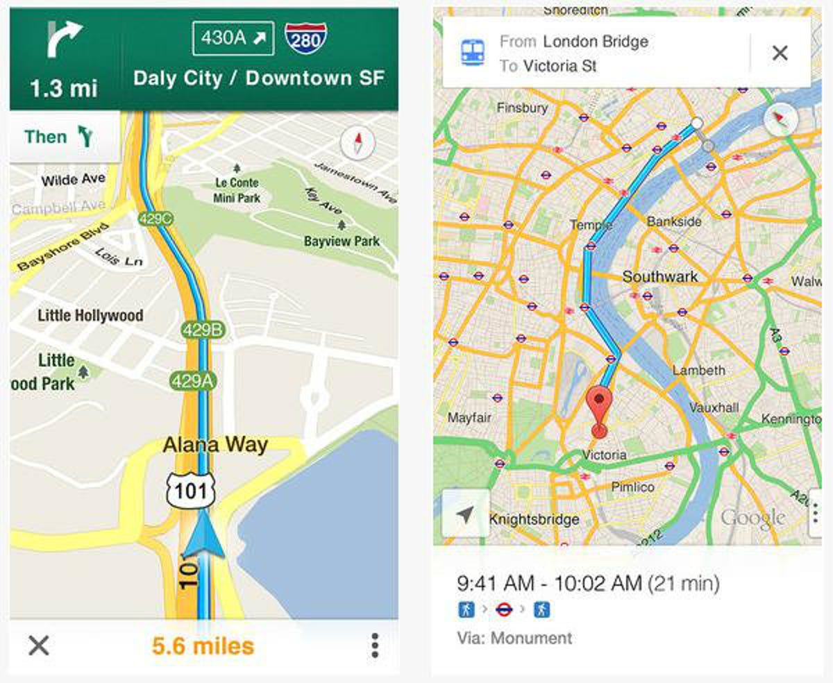 Google Maps views of SF highway, London route