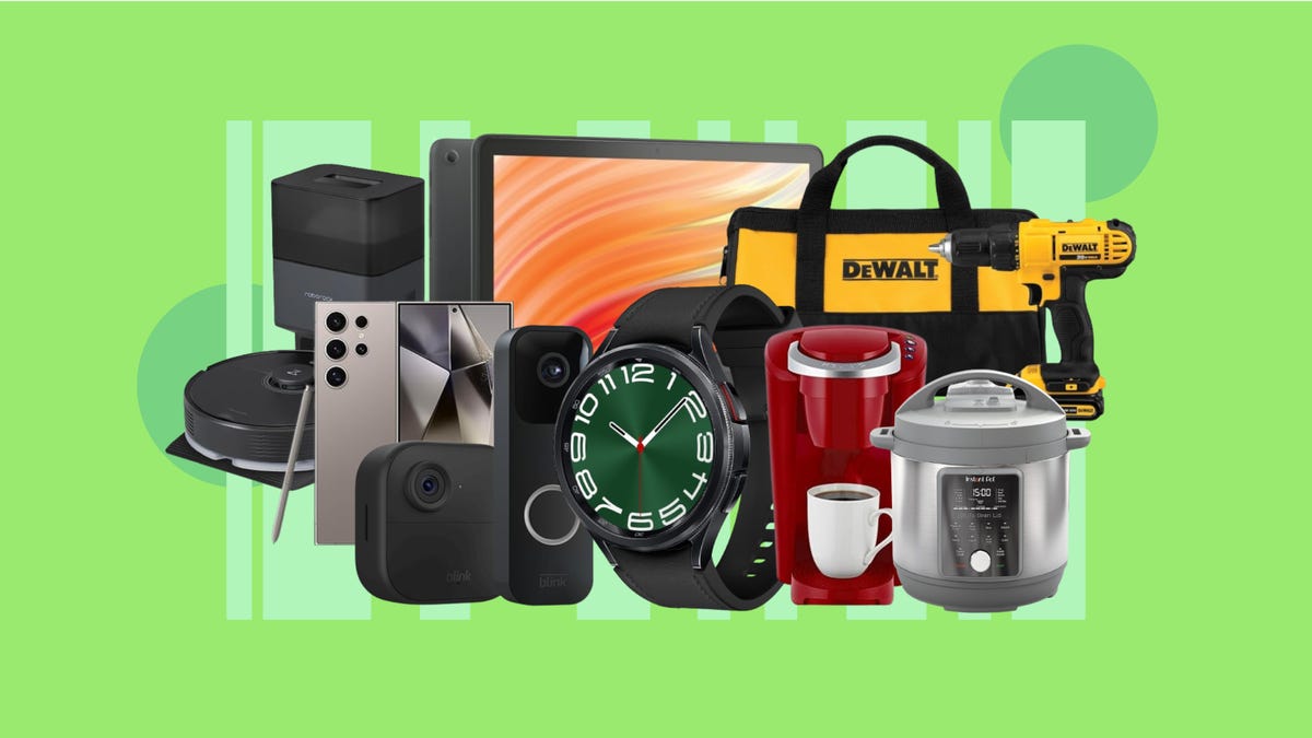 A robot vacuum, phone, video doorbell, outdoor cam, smartwatch, Keurig, pressure cooker, Fire tablet and tool set are displayed against a green background.