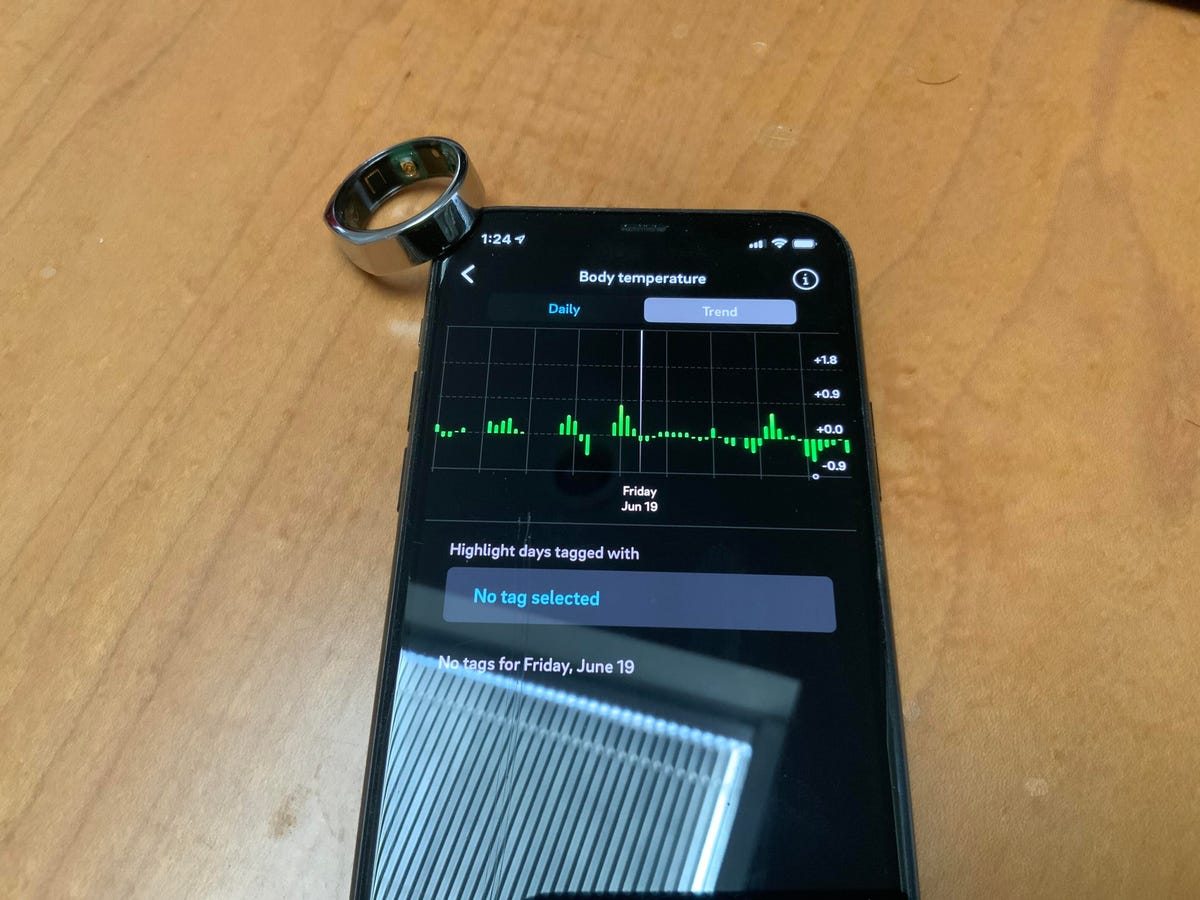 An Oura wellness ring next to a phone with the app running
