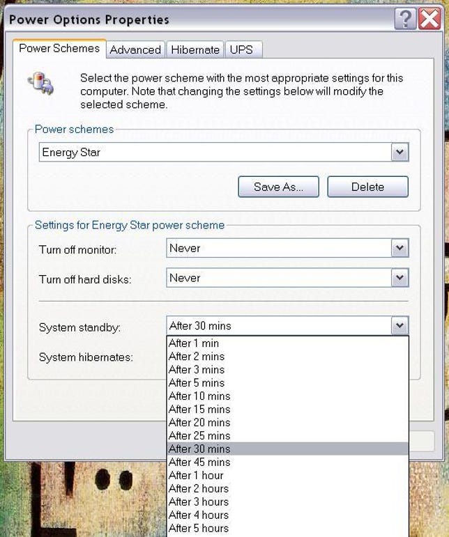Windows XP's standby setting in Power Options