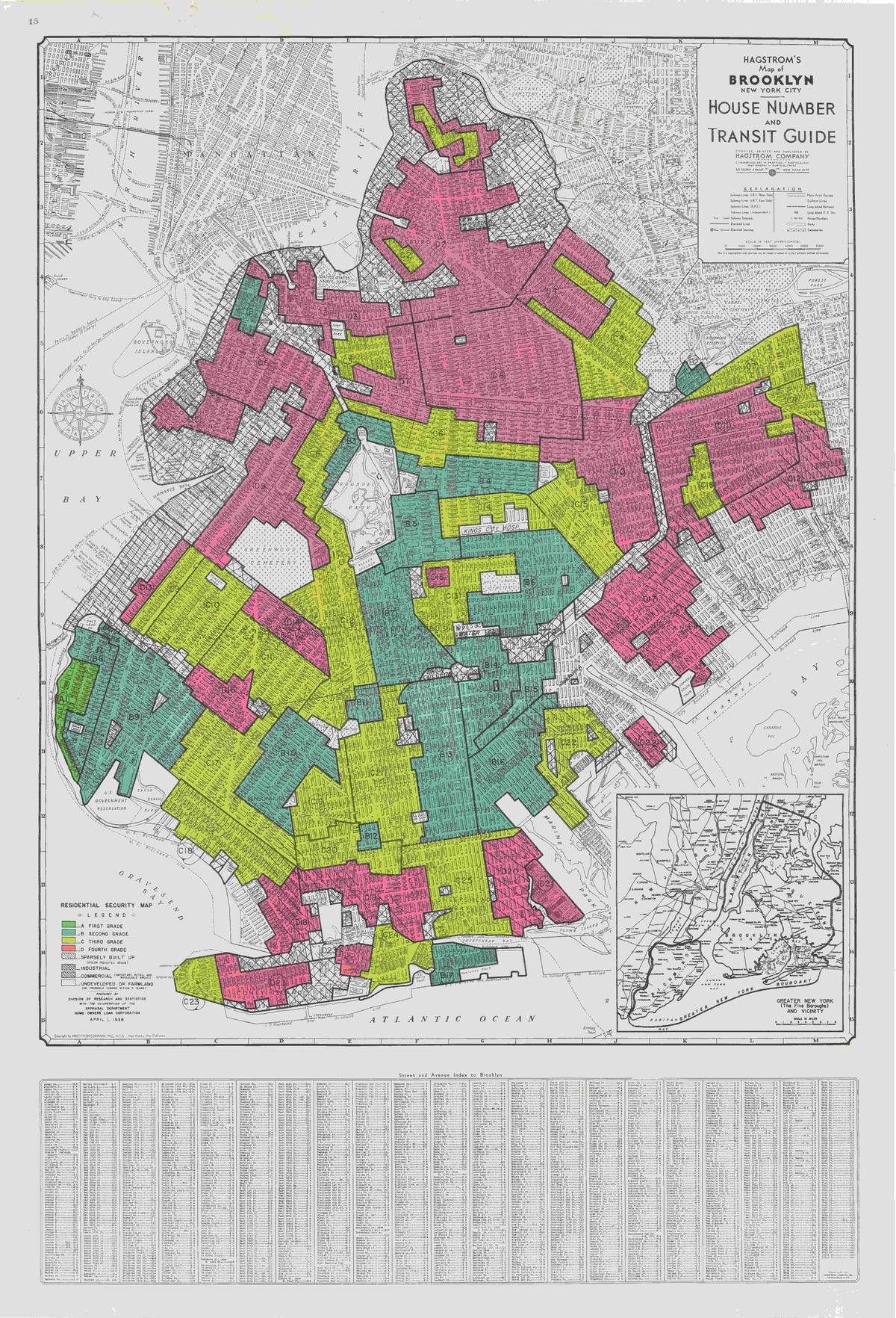 An image showing the New Deal's redline map of Brooklyn, New York. Various sections are highlighted in different colors.