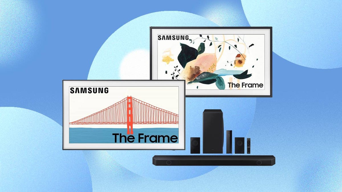 Samsung Frame TVs and soundbar systems are displayed against a blue background.