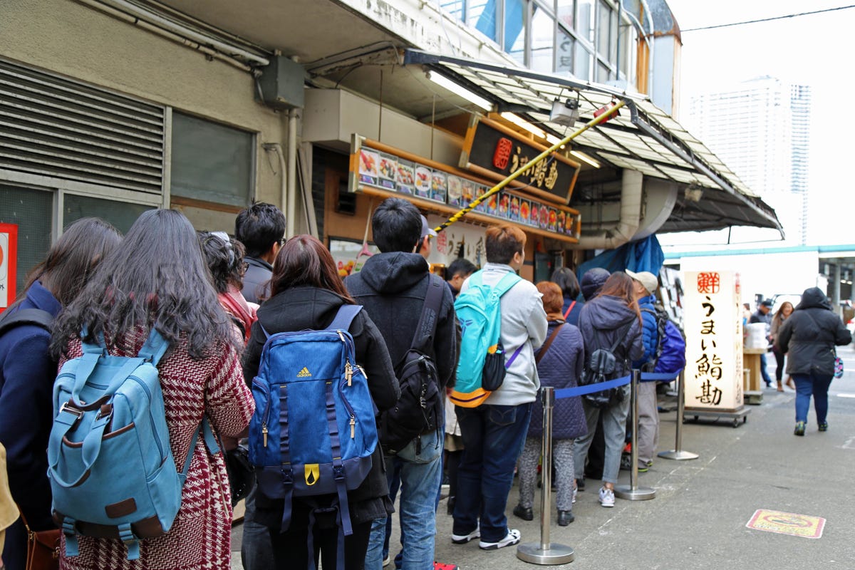 Waiting in line for sushi breakfast, Tsukiji Outer Market, Tokyo