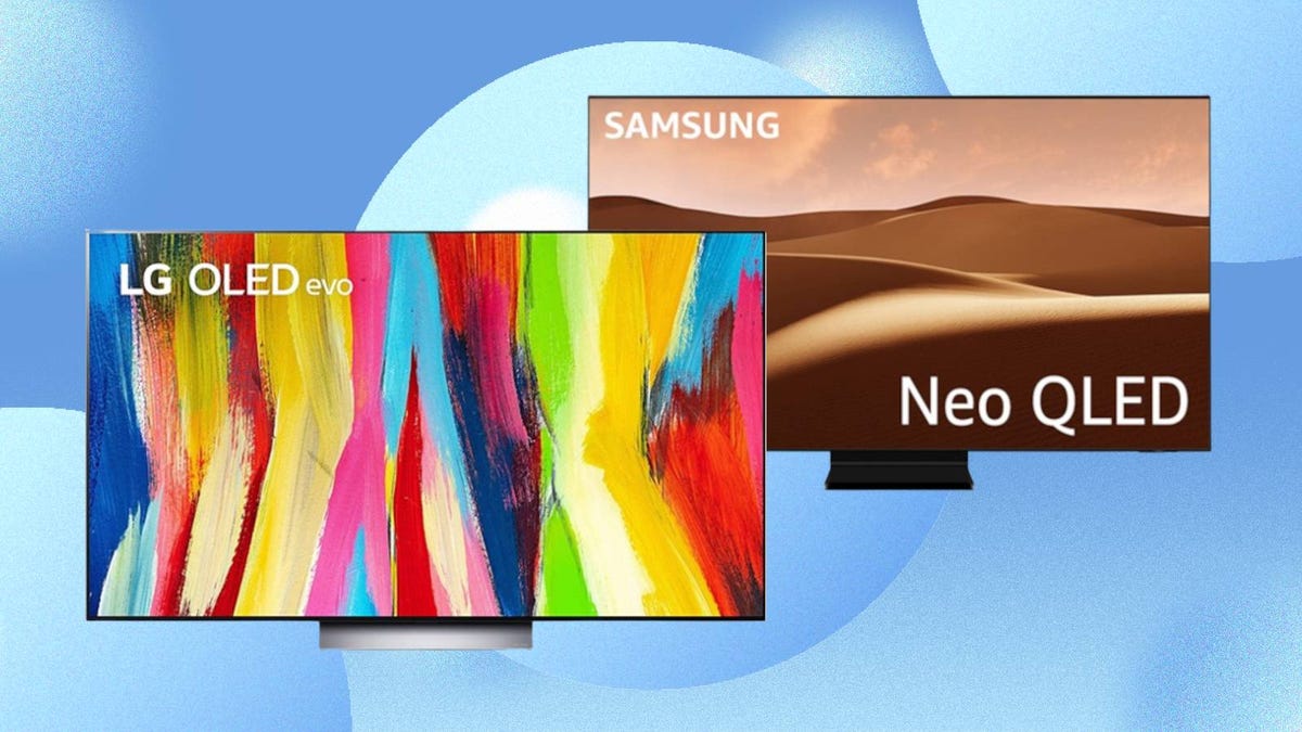 The LG C2 and Samsung QN90B TVs are displayed against a blue background.